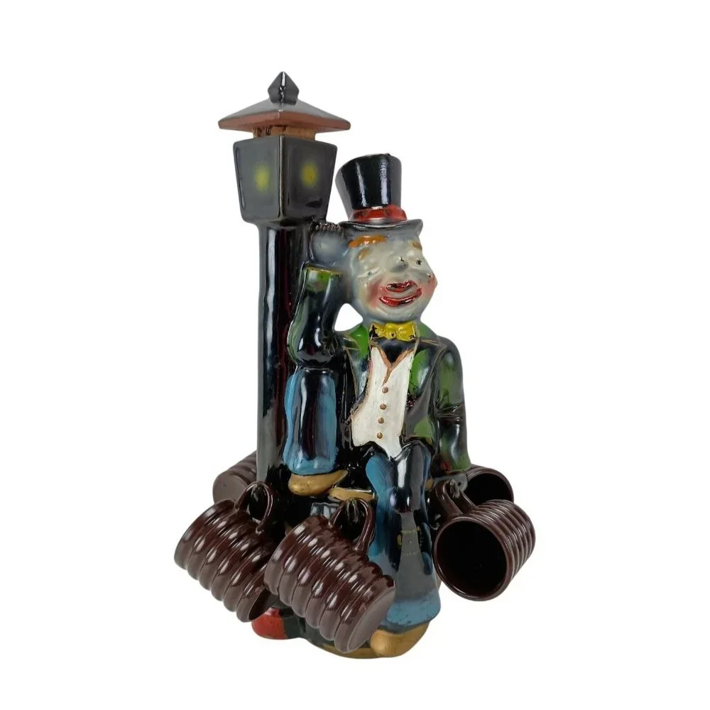 Hobo on a Barrel and Lamppost  W/5 Mini Cups Decanter Empty Bottle Vintage